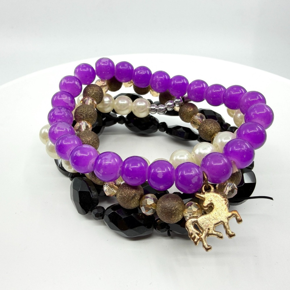 Boho Stacking Bracelet Set - Purple Black Faux Pearl Unicorn Charm